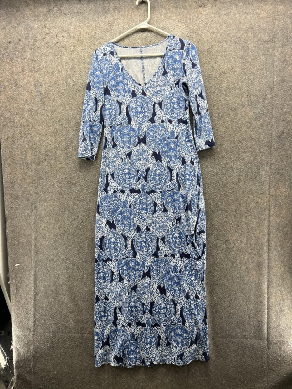 Lilly Pulitzer Dress Womens XXL Blue Turtle Print V Neck 3/4 Sleeve Maxi